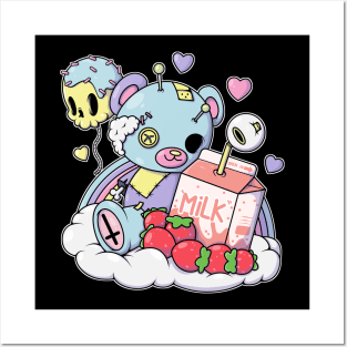 Strawberry Milk Teddy Bear Pastel Goth Kawaii Creepy Cute Skull Posters and Art